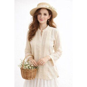 NWT Coldwater Creek Ivory Cottage Peasant Romantic Embroidered Lace Tunic Top L